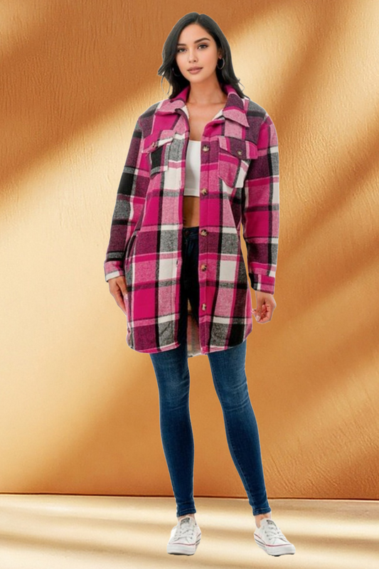 Women's Long Plaid Flannel Jacket with Fleece