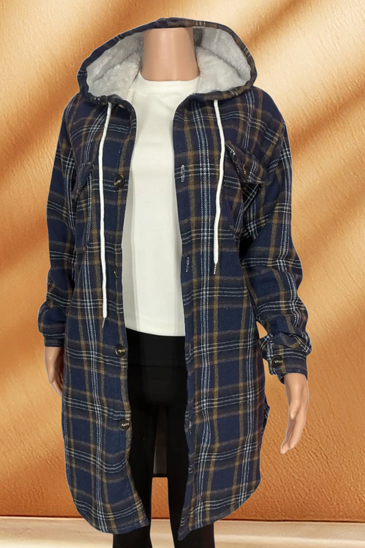 Women's Hooded Long Plaid Flannel Jacket with Fleece