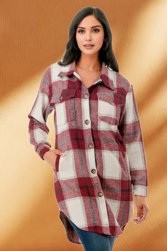 Women's Long Plaid/Flannel Jacket with Fleece