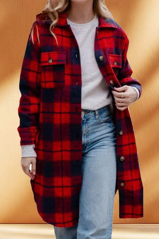 Women's Long Red Plaid/Flannel Jacket with Fleece